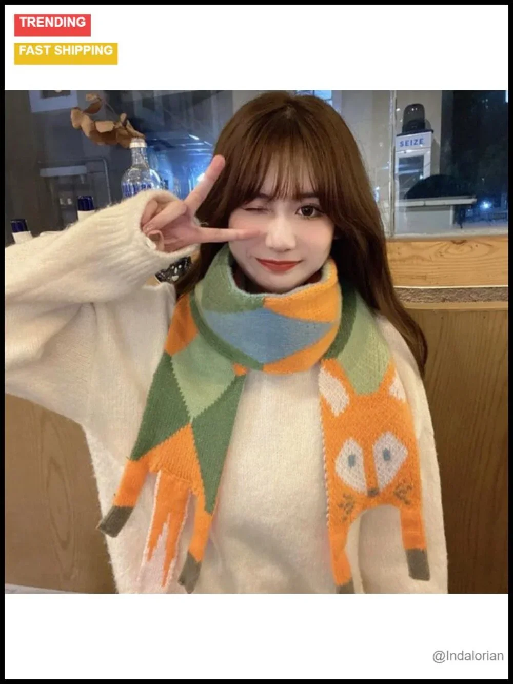 Fox Pattern Cozy Scarf Womens Shawl Autumn Winter Soft Knit Neck Warm Casual